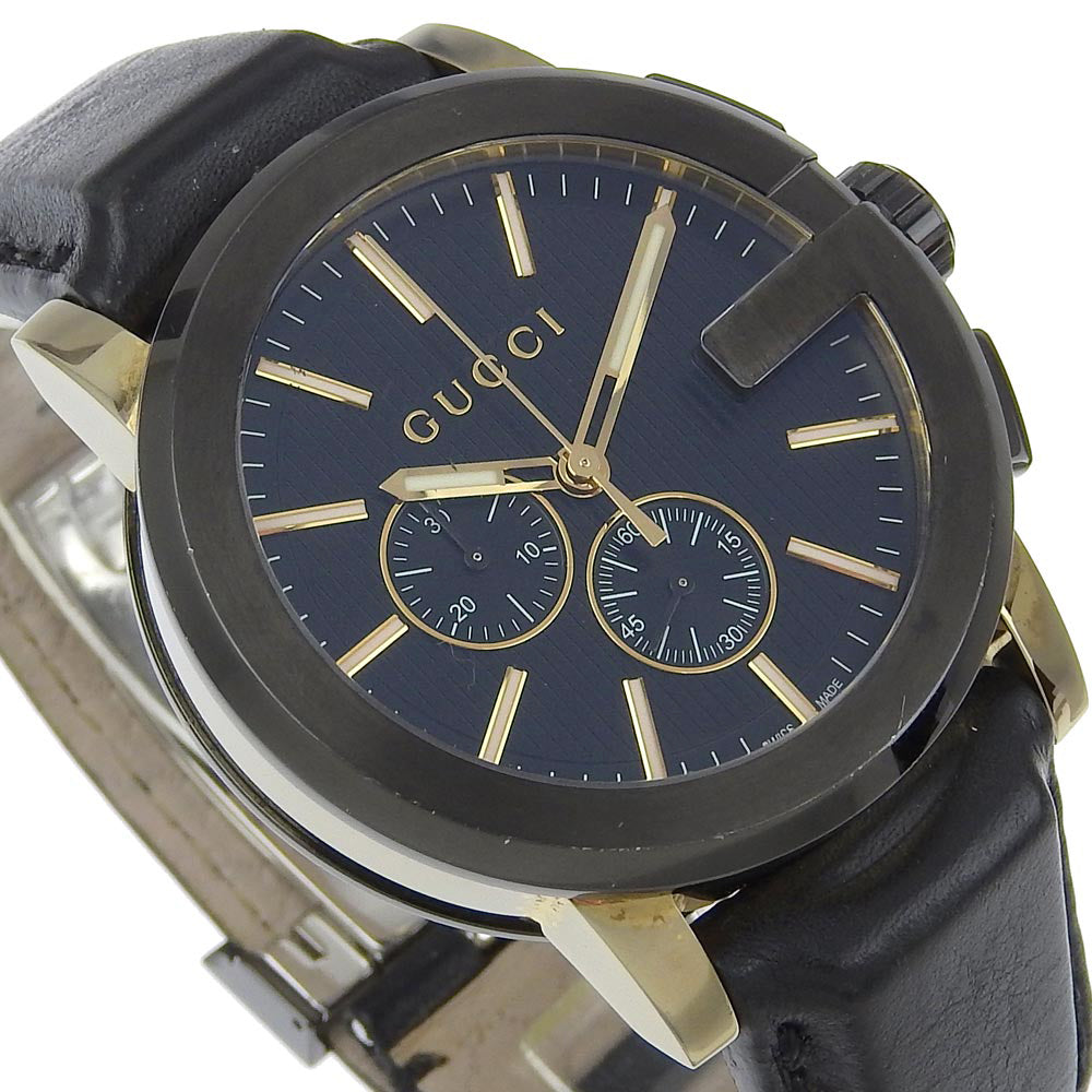 GUCCI Watches Quartz 101.2 Stainless Steel , Embossed Leather black G Chrono black dial mens Used Authentic