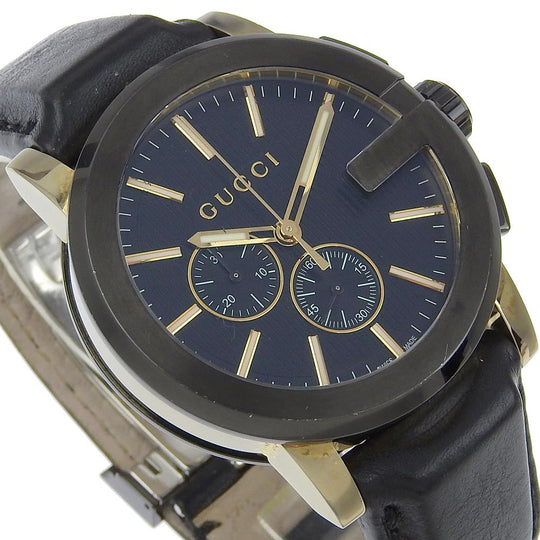 GUCCI Watches Quartz 101.2 Stainless Steel , Embossed Leather black G Chrono black dial mens Used Authentic