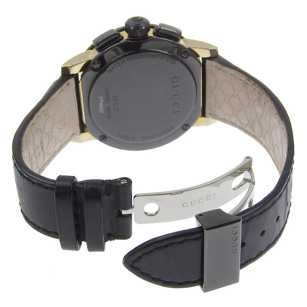 GUCCI Watches Quartz 101.2 Stainless Steel , Embossed Leather black G Chrono black dial mens Used Authentic