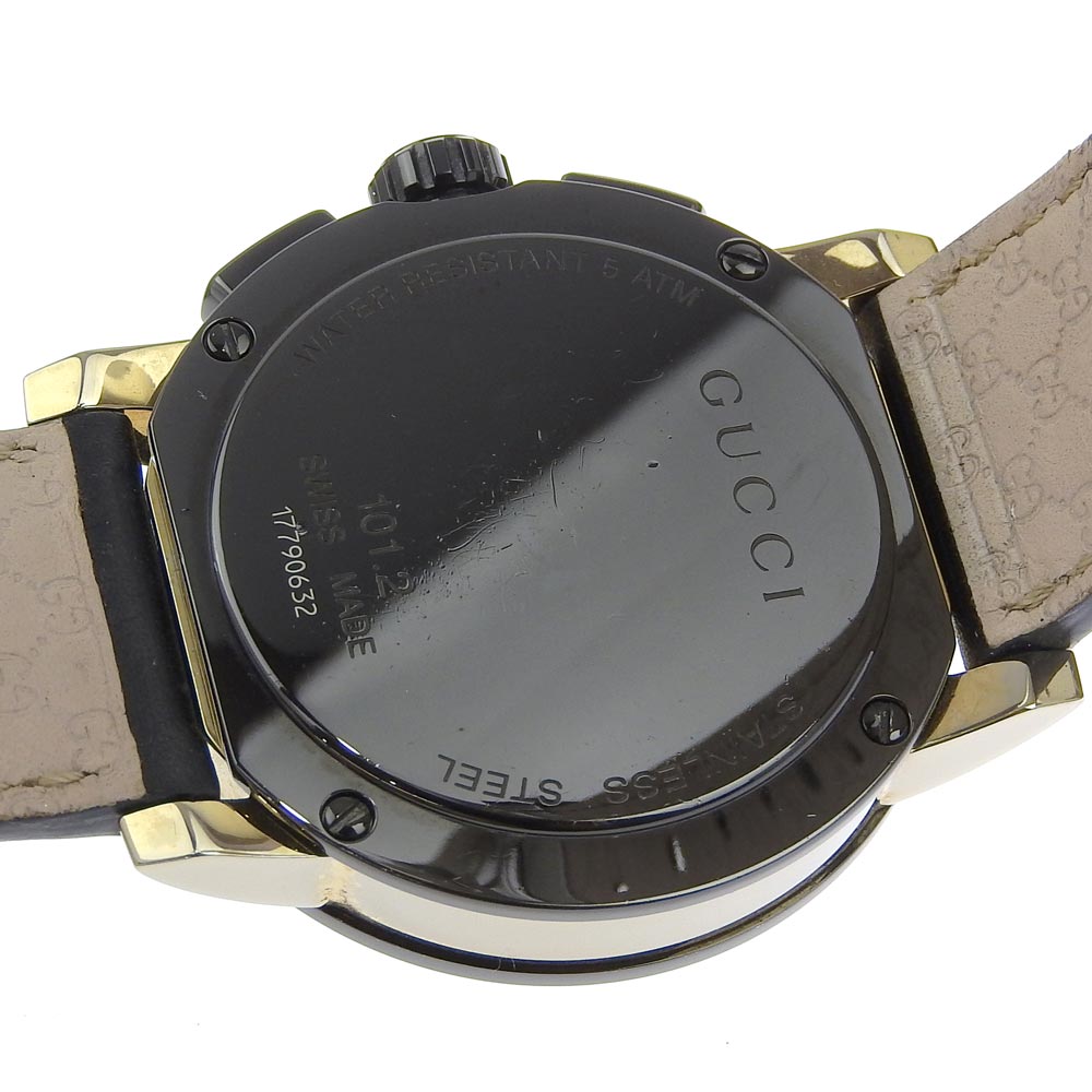 GUCCI Watches Quartz 101.2 Stainless Steel , Embossed Leather black G Chrono black dial mens Used Authentic