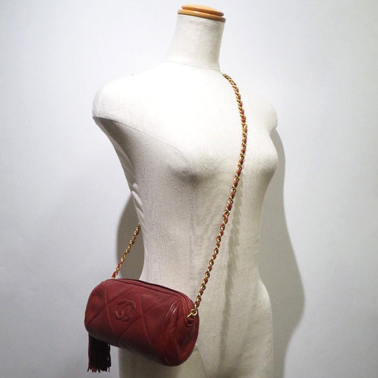 CHANEL Shoulder Bag lambskin Red Matrasse Fringe ChainShoulder Women Used Authentic