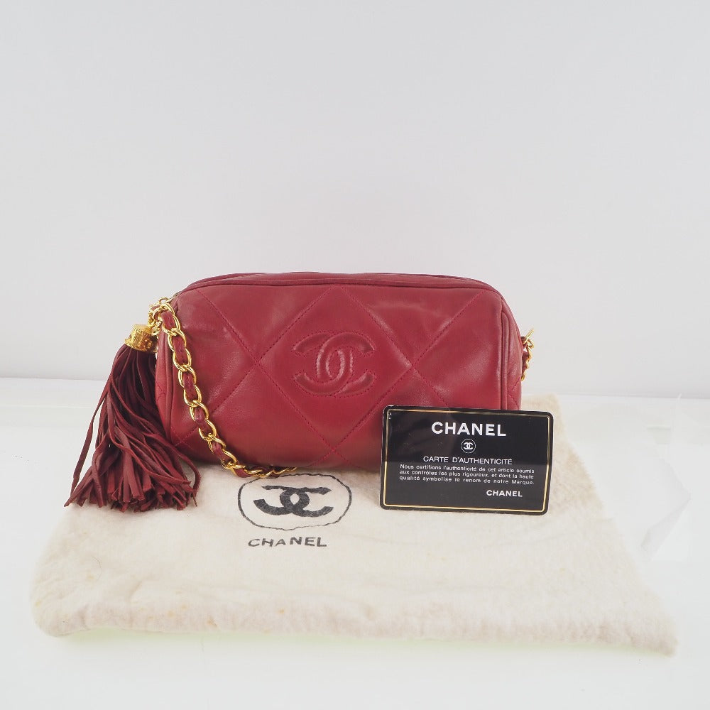 CHANEL Shoulder Bag lambskin Red Matrasse Fringe ChainShoulder Women Used Authentic