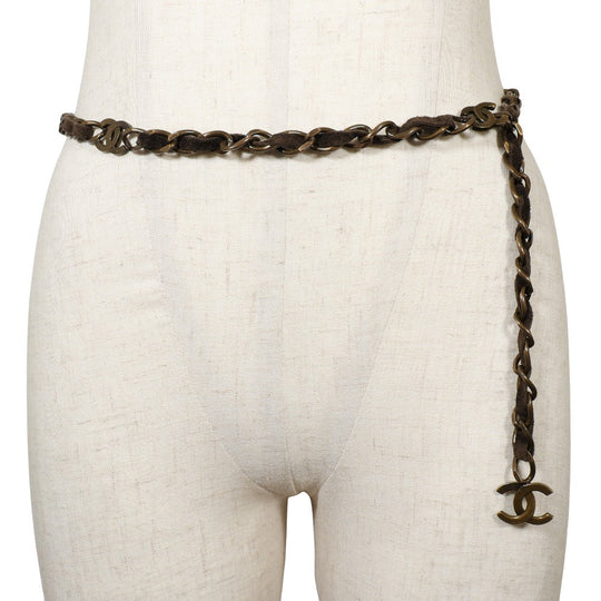 CHANEL belt A07928Y02269 Plated Gold, Suede Brown COCO Mark Vintage processing Chain belt Women Used Authentic