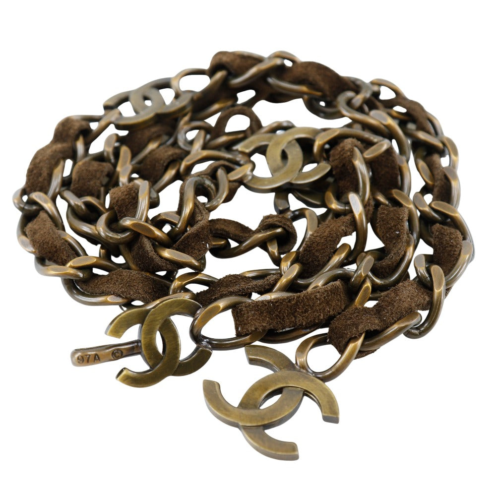 CHANEL belt A07928Y02269 Plated Gold, Suede Brown COCO Mark Vintage processing Chain belt Women Used Authentic