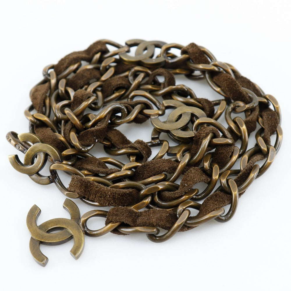 CHANEL belt A07928Y02269 Plated Gold, Suede Brown COCO Mark Vintage processing Chain belt Women Used Authentic