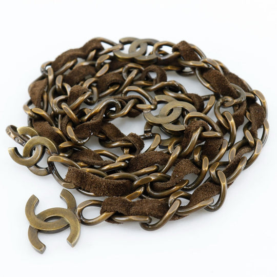 CHANEL belt A07928Y02269 Plated Gold, Suede Brown COCO Mark Vintage processing Chain belt Women Used Authentic