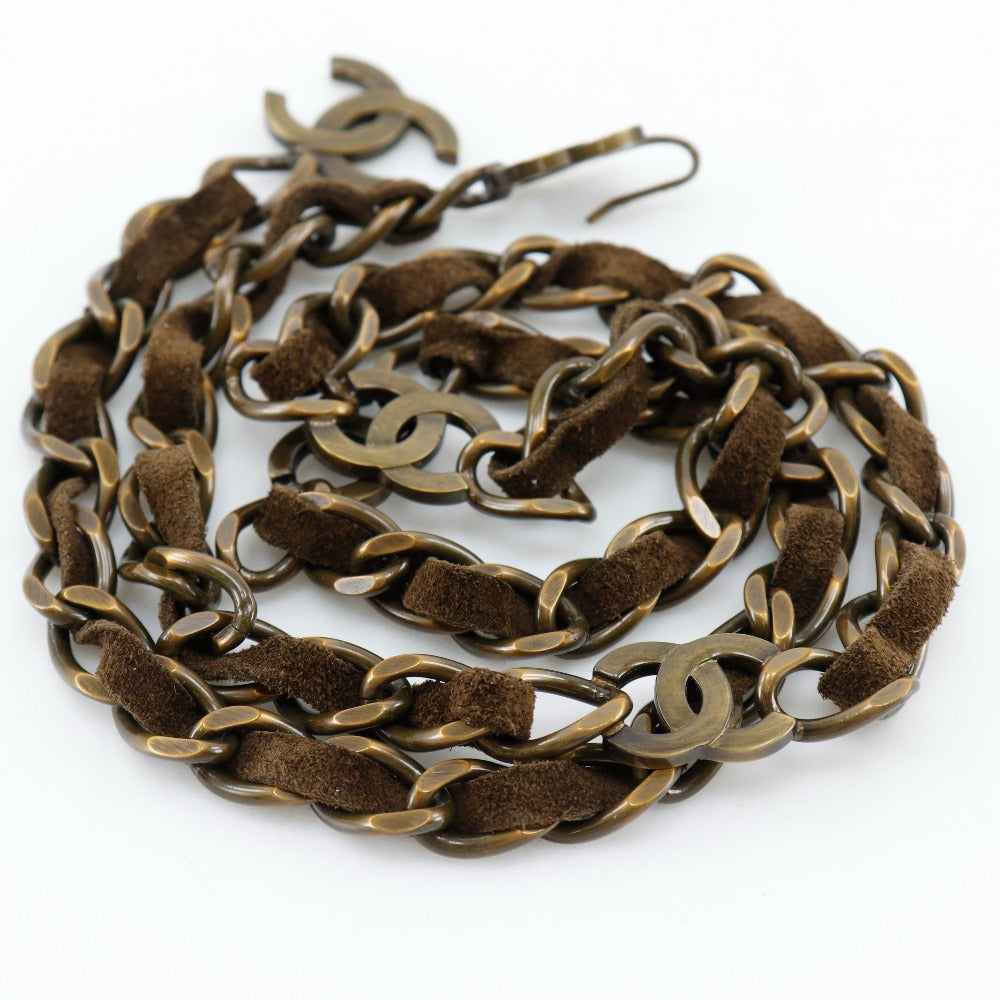 CHANEL belt A07928Y02269 Plated Gold, Suede Brown COCO Mark Vintage processing Chain belt Women Used Authentic
