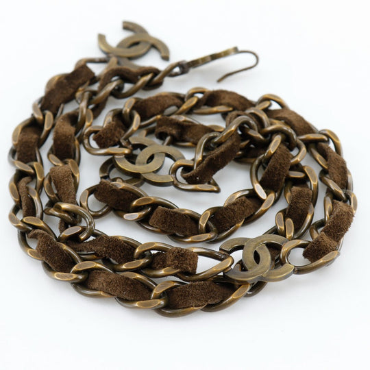CHANEL belt A07928Y02269 Plated Gold, Suede Brown COCO Mark Vintage processing Chain belt Women Used Authentic