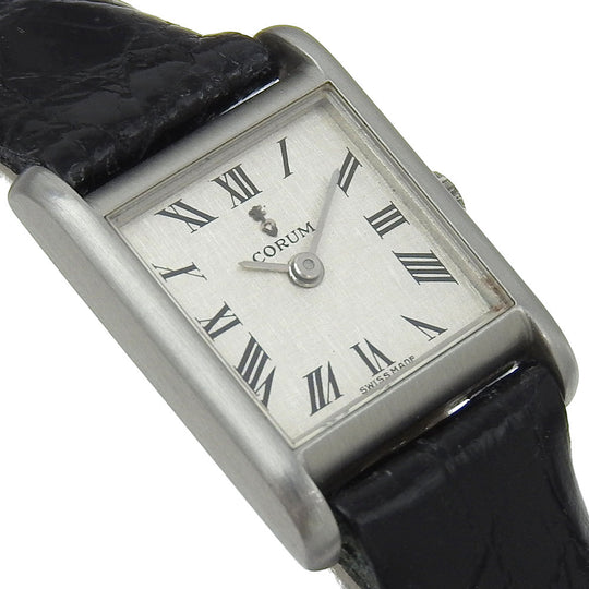 CORUM Watches Hand Winding 15158 Stainless Steel , Leather Silver Tank Watch Square Silver dial Women Used Authentic