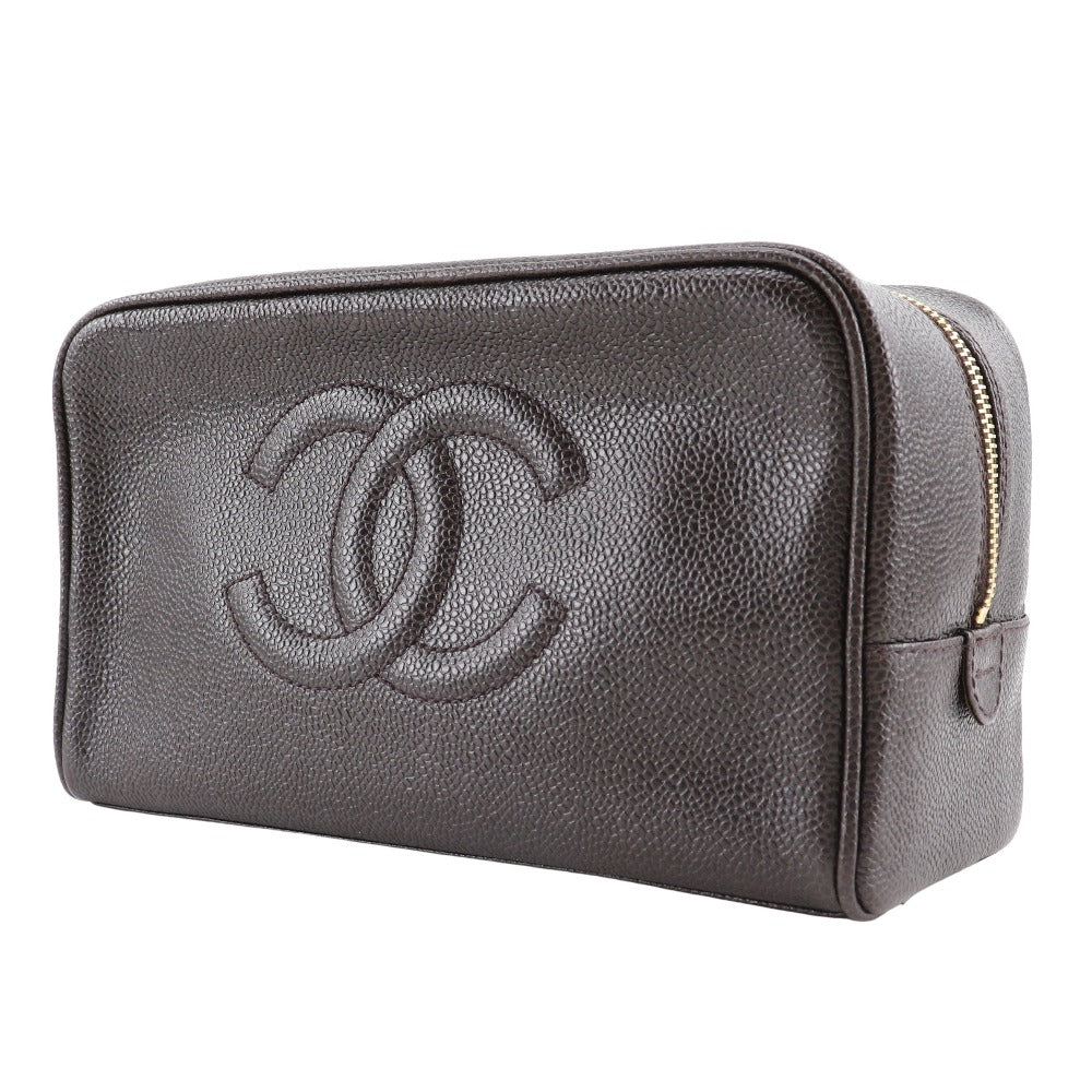 CHANEL Pouch A01996 Caviar skin Brown Cosmetic porch COCO Mark Women Used Authentic