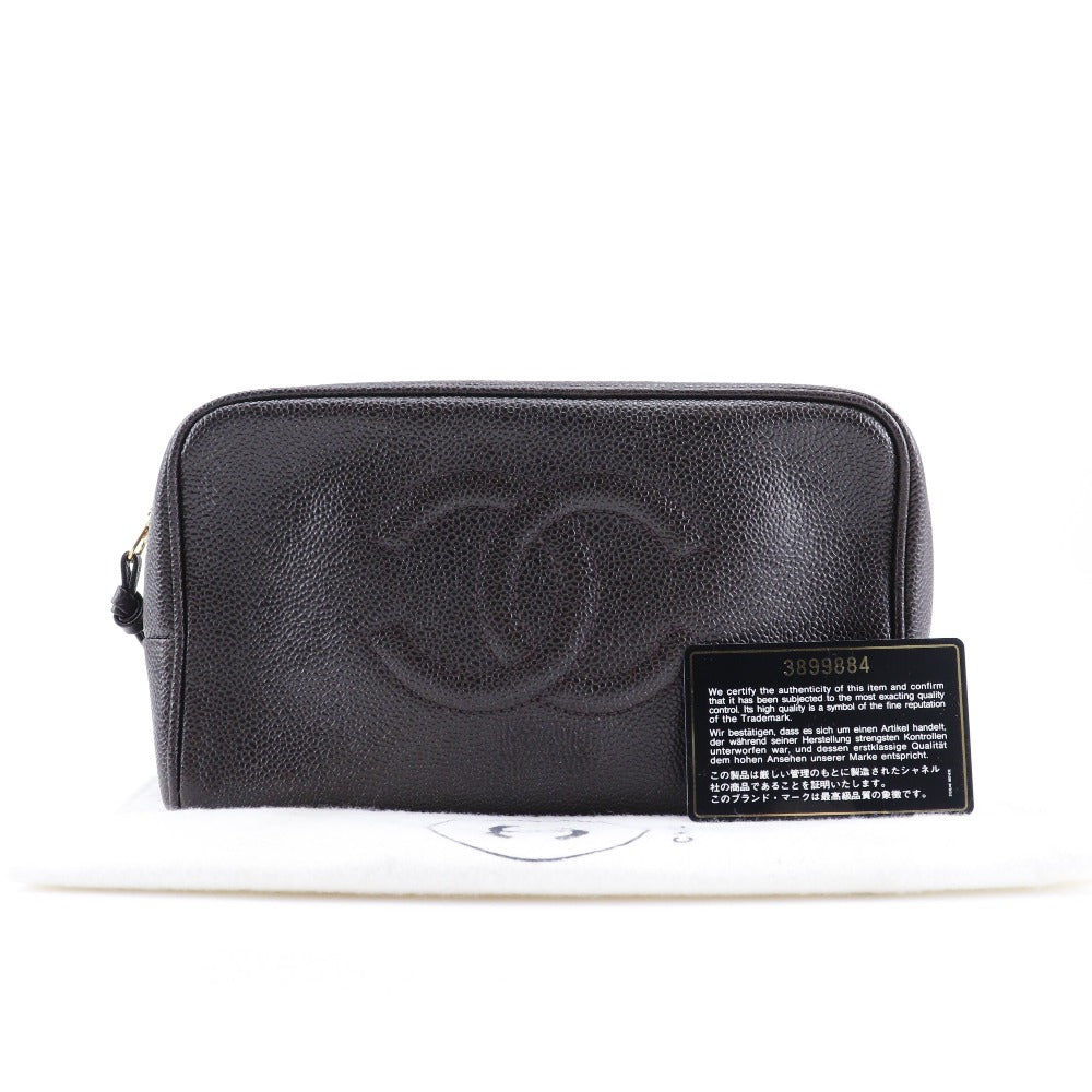 CHANEL Pouch A01996 Caviar skin Brown Cosmetic porch COCO Mark Women Used Authentic