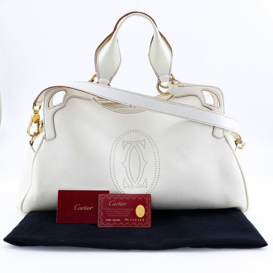 CARTIER Handbag leather White 2WAYShoulder Marcello Women Used Authentic