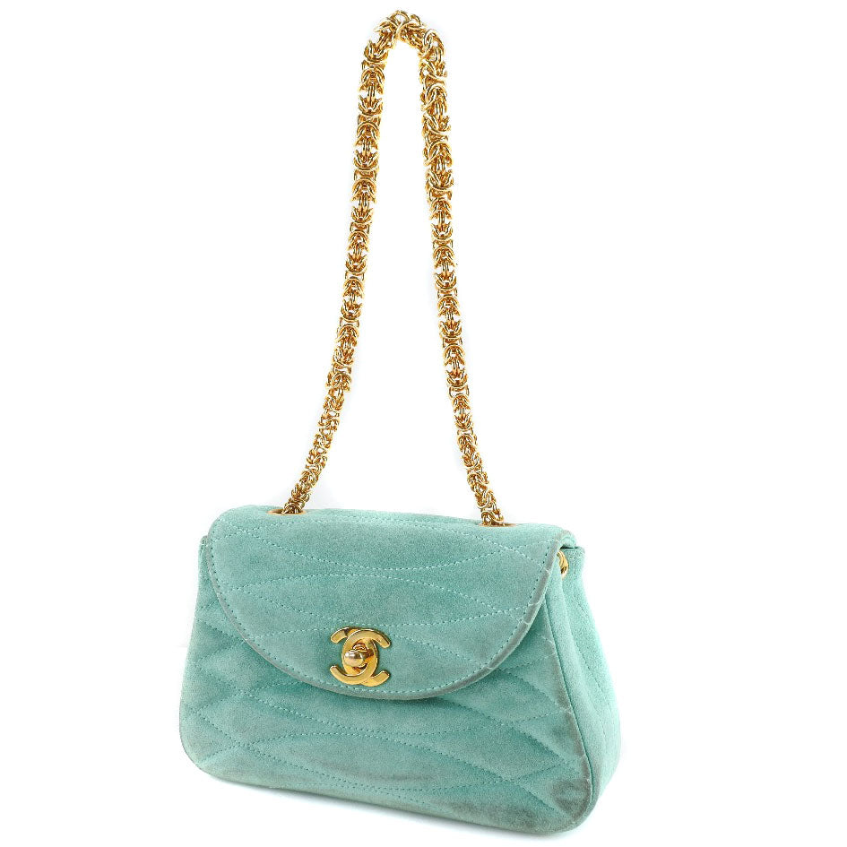 CHANEL Handbag Suede Green vintage COCO Mark Chain handbag Women Used Authentic