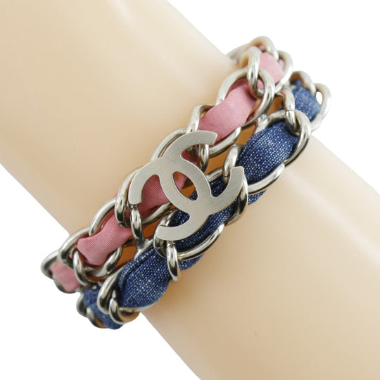 CHANEL bracelet Metal, Denim Silver Chain 2 COCO Mark Women Used Authentic