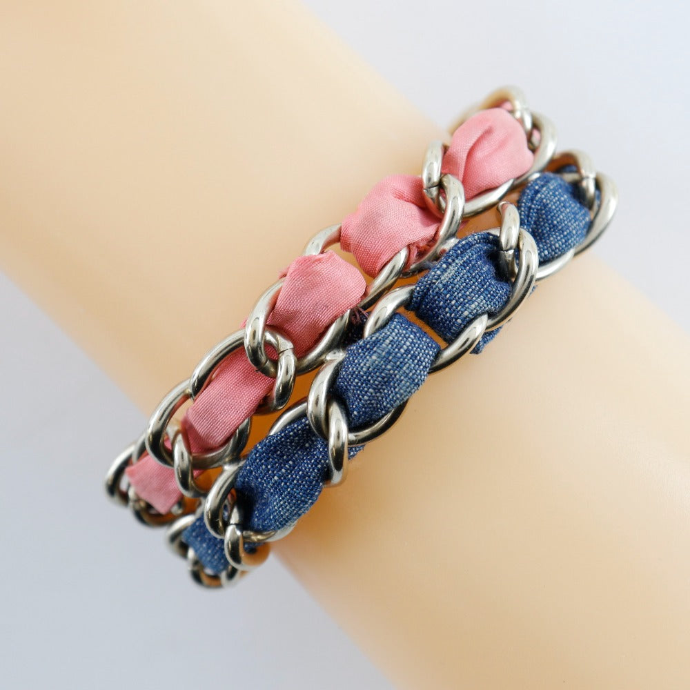 CHANEL bracelet Metal, Denim Silver Chain 2 COCO Mark Women Used Authentic