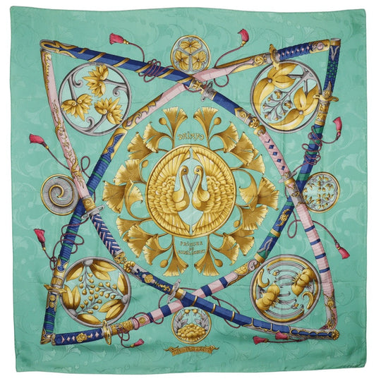 HERMES scarf silk Green The prince of the land of the rising sun DAIMYO PRINCES DU SOLEIL LEVANT Carre90 Women Used Authentic