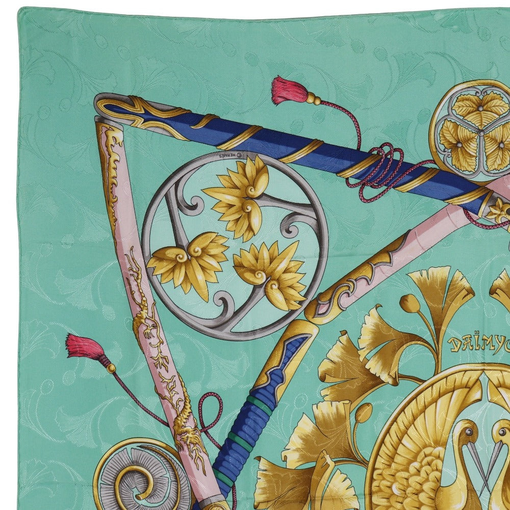 HERMES scarf silk Green The prince of the land of the rising sun DAIMYO PRINCES DU SOLEIL LEVANT Carre90 Women Used Authentic