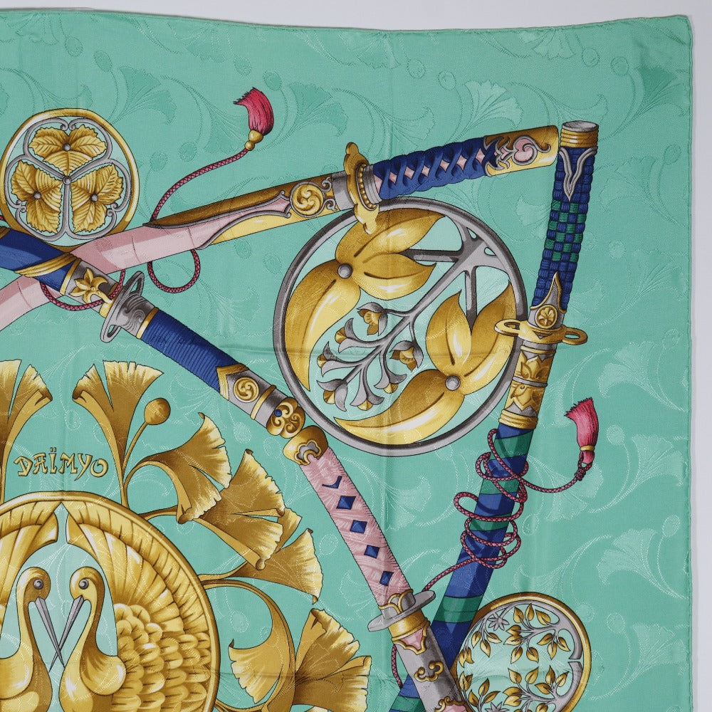 HERMES scarf silk Green The prince of the land of the rising sun DAIMYO PRINCES DU SOLEIL LEVANT Carre90 Women Used Authentic