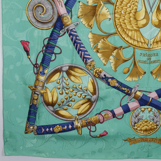 HERMES scarf silk Green The prince of the land of the rising sun DAIMYO PRINCES DU SOLEIL LEVANT Carre90 Women Used Authentic