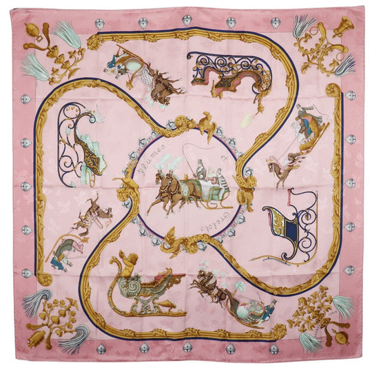 HERMES scarf silk pink Feather and bell Plumes et Grelots Carre90 Women Used Authentic