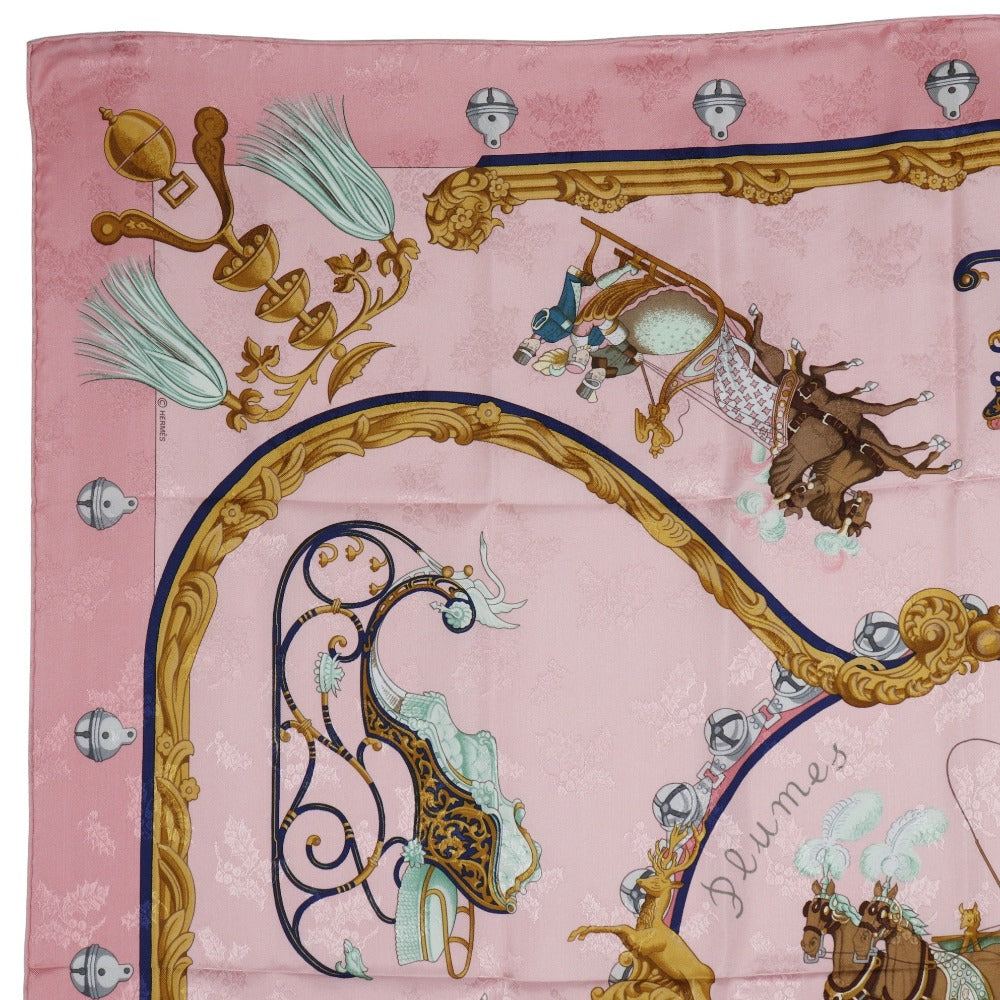 HERMES scarf silk pink Feather and bell Plumes et Grelots Carre90 Women Used Authentic