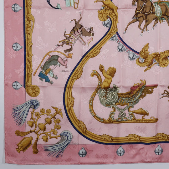 HERMES scarf silk pink Feather and bell Plumes et Grelots Carre90 Women Used Authentic
