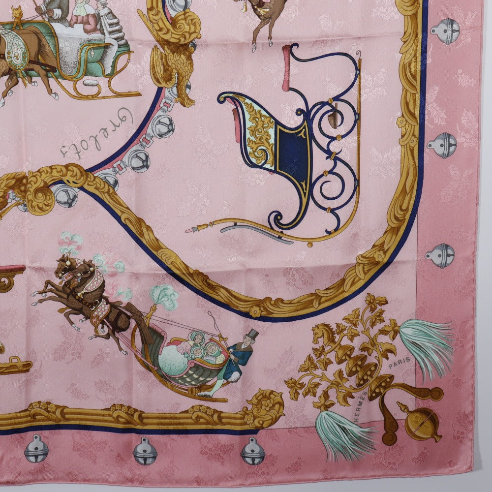 HERMES scarf silk pink Feather and bell Plumes et Grelots Carre90 Women Used Authentic
