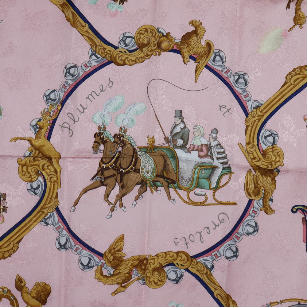 HERMES scarf silk pink Feather and bell Plumes et Grelots Carre90 Women Used Authentic