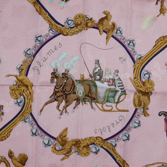HERMES scarf silk pink Feather and bell Plumes et Grelots Carre90 Women Used Authentic