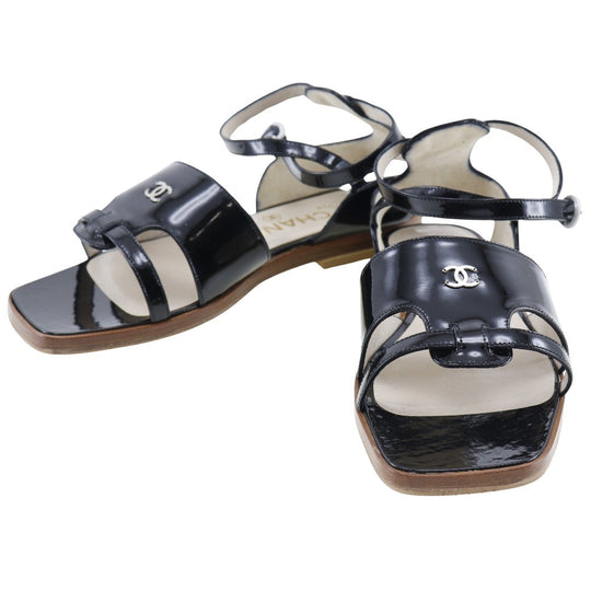CHANEL Sandals Patent leather black Ankle strap flat COCO Mark Women 36 1/2 Used Authentic