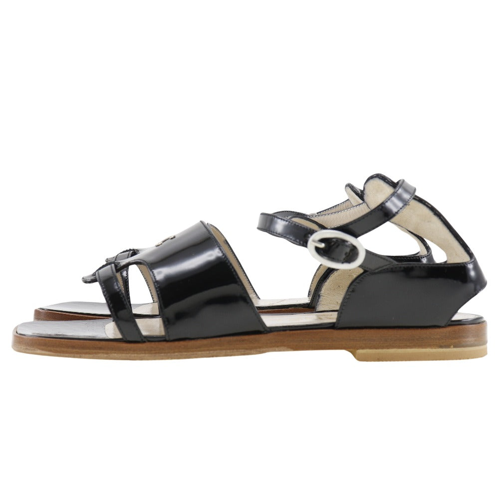 CHANEL Sandals Patent leather black Ankle strap flat COCO Mark Women 36 1/2 Used Authentic