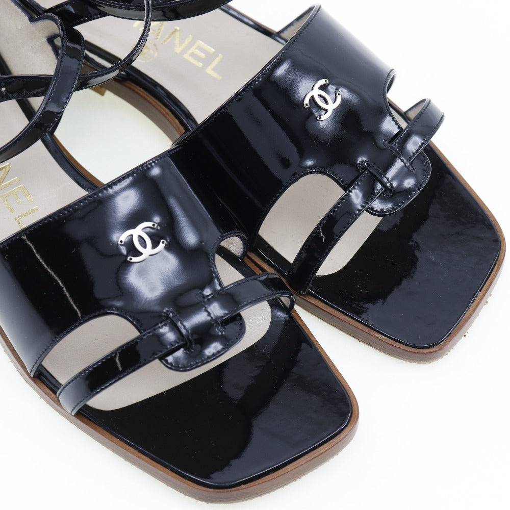 CHANEL Sandals Patent leather black Ankle strap flat COCO Mark Women 36 1/2 Used Authentic