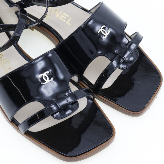 CHANEL Sandals Patent leather black Ankle strap flat COCO Mark Women 36 1/2 Used Authentic