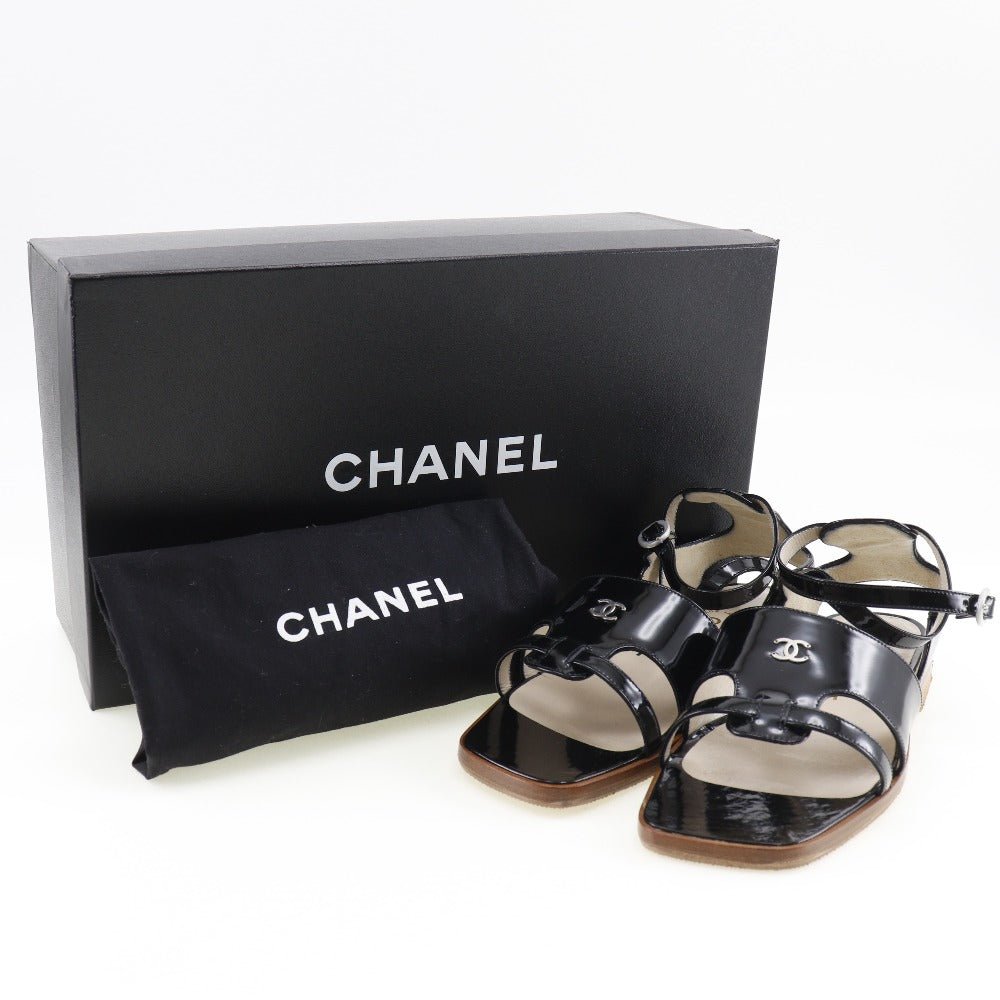 CHANEL Sandals Patent leather black Ankle strap flat COCO Mark Women 36 1/2 Used Authentic