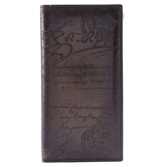 Berluti Long Wallet Purse Calfskin Brown Bifold Walletlong wallet Calligraphy Neo-Santal Scrit mens Used Authentic