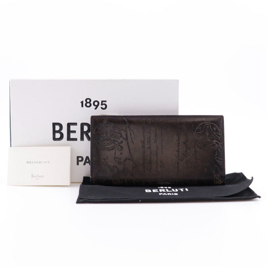 Berluti Long Wallet Purse Calfskin Brown Bifold Walletlong wallet Calligraphy Neo-Santal Scrit mens Used Authentic