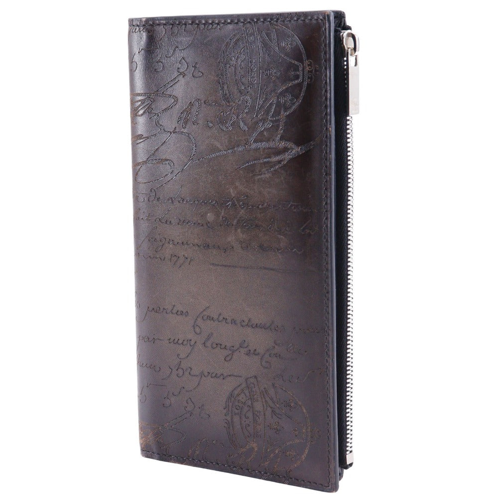 Berluti Long Wallet Purse Calfskin Brown Bifold Walletlong wallet Calligraphy Neo-Santal Scrit mens Used Authentic