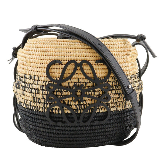 LOEWE Shoulder Bag A223Z48X05 Raffia, Calfskin Black / Brown Basket bag Basket bag Beehive Women Used Authentic