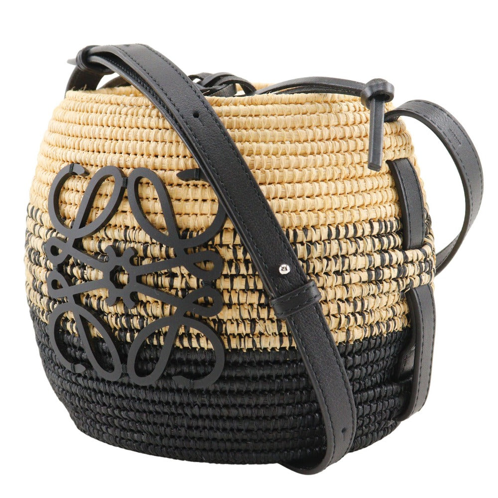 LOEWE Shoulder Bag A223Z48X05 Raffia, Calfskin Black / Brown Basket bag Basket bag Beehive Women Used Authentic