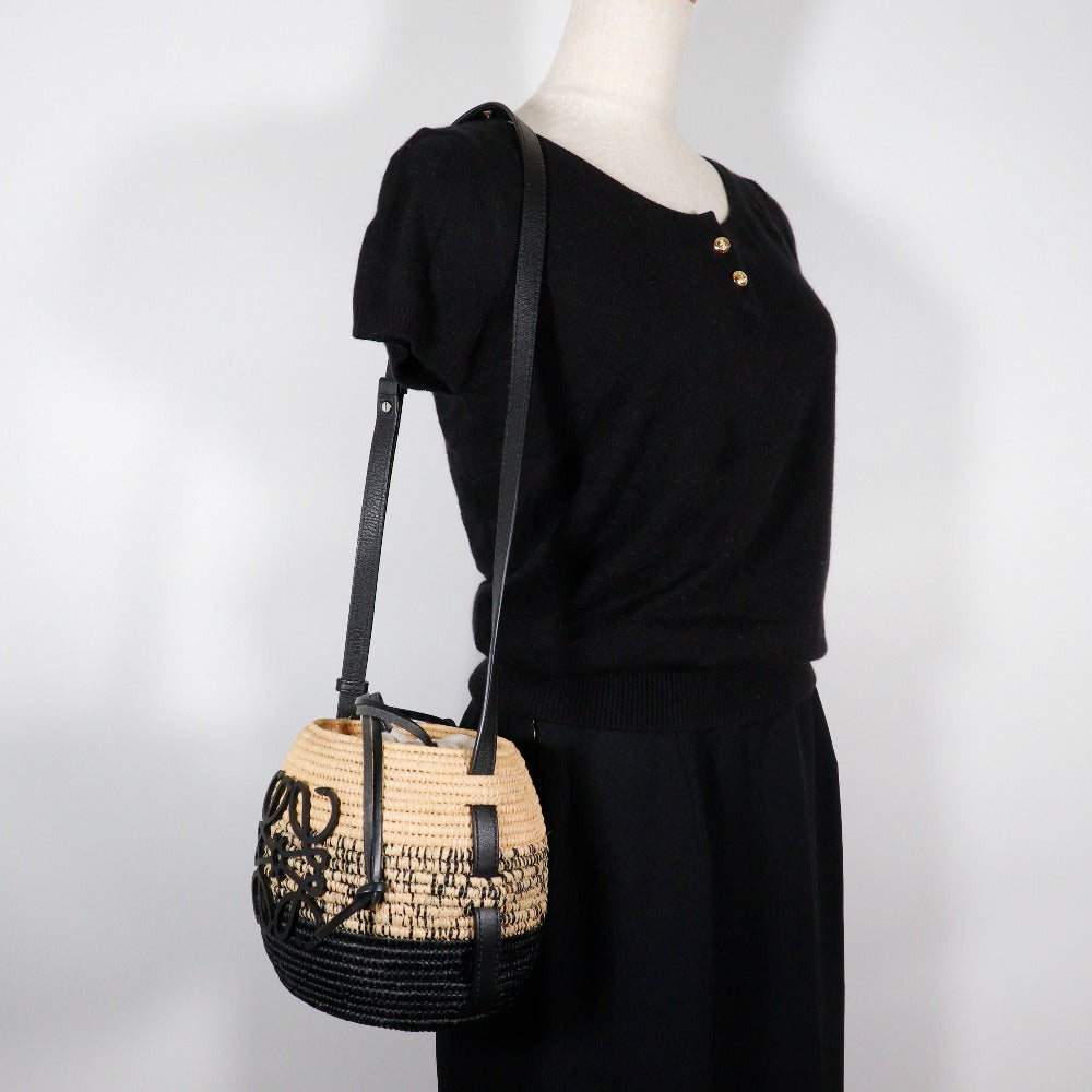 LOEWE Shoulder Bag A223Z48X05 Raffia, Calfskin Black / Brown Basket bag Basket bag Beehive Women Used Authentic