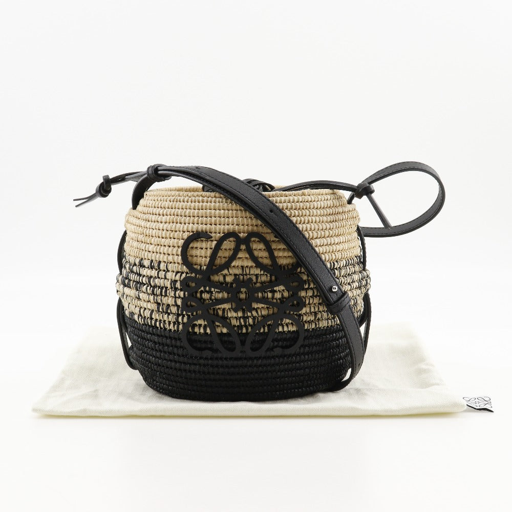 LOEWE Shoulder Bag A223Z48X05 Raffia, Calfskin Black / Brown Basket bag Basket bag Beehive Women Used Authentic
