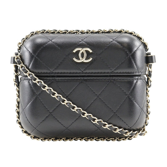 CHANEL Shoulder Bag lambskin black Matrasse Chain pochette Women Used Authentic