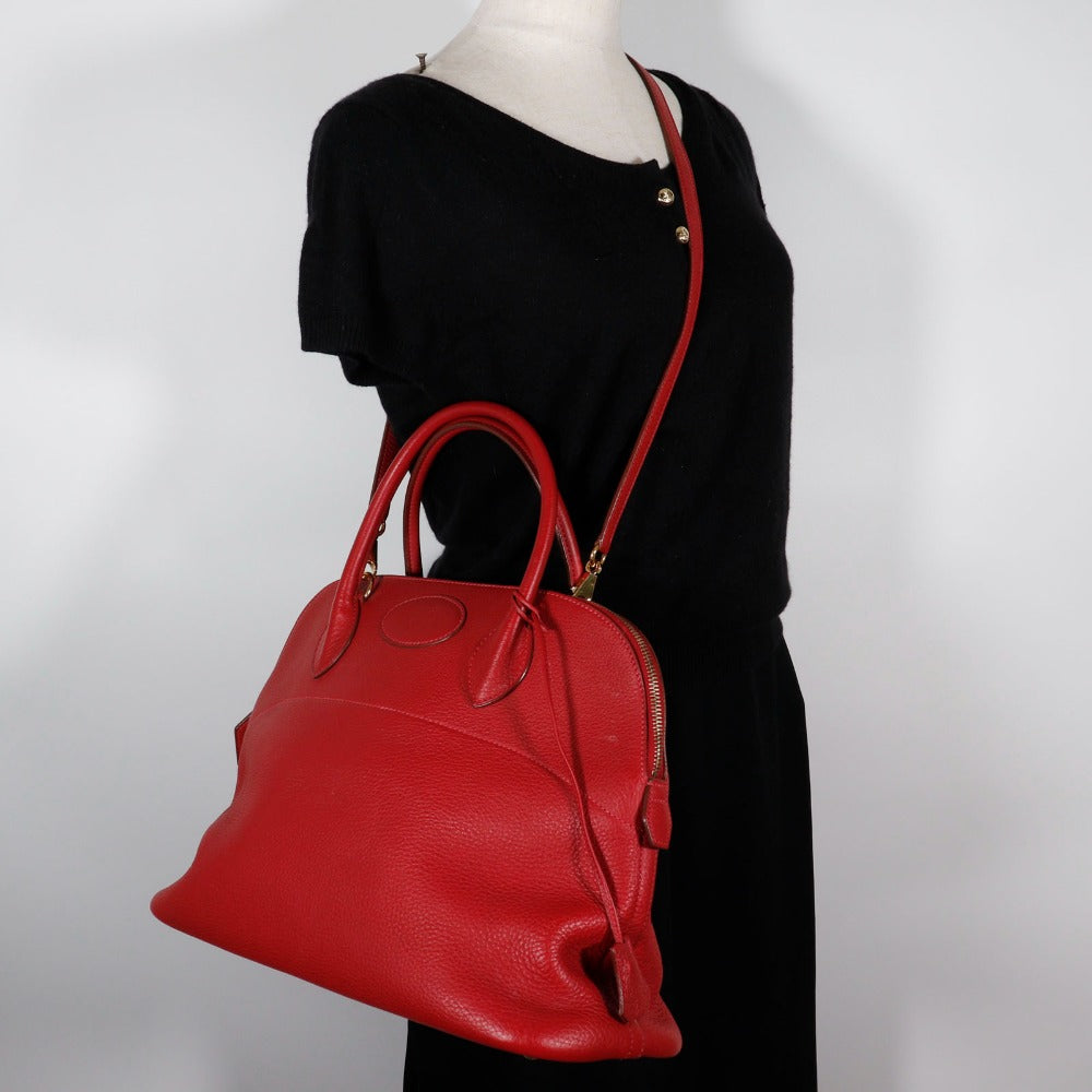 HERMES Handbag Taurillon Clemence Red/Gold Metal 2WAYShoulder Bored 35 Women Used Authentic