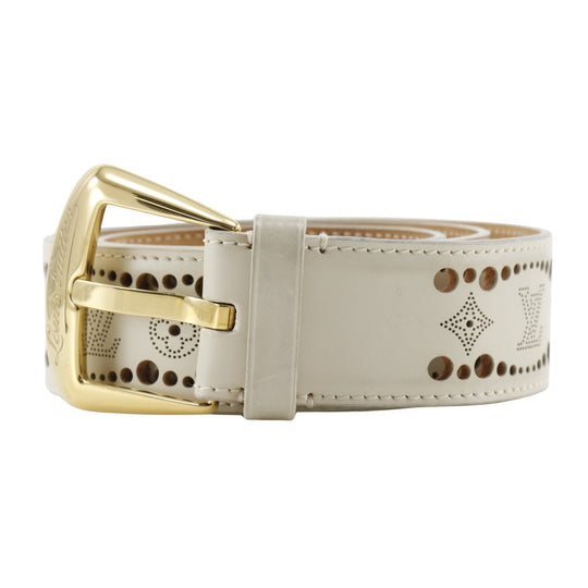 LOUIS VUITTON belt M9680 Calfskin beige punching Monogram Mahina Santur Phoenix mens 95 Used Authentic