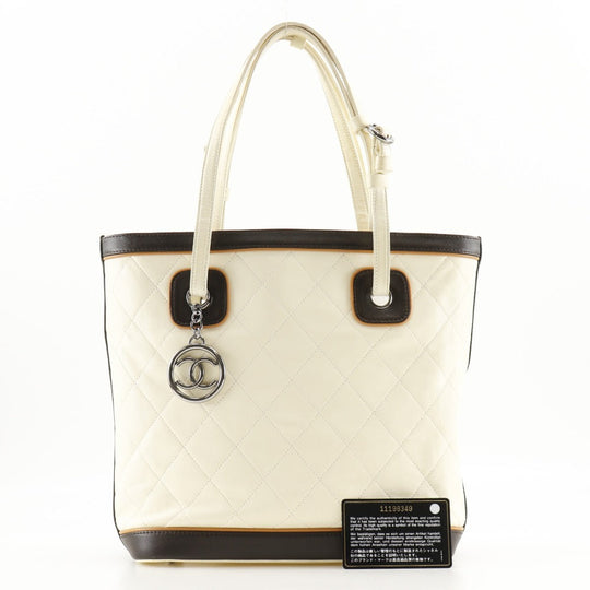 CHANEL Tote Bag Calfskin Ivory Coco Charm Matrasse Women Used Authentic