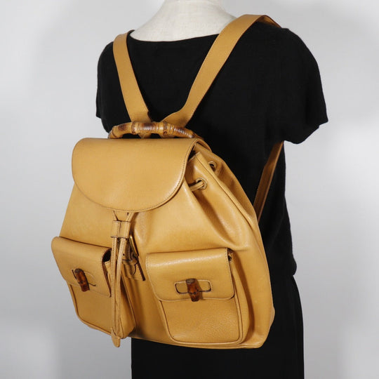 GUCCI Backpack 003.2058.0016 Calfskin yellow Bamboo Backpack Women Used Authentic