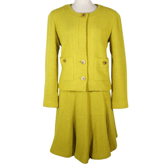 CHANEL suit wool Yellowish green COCO Mark button Jacket and flared skirt Women 36 Used Authentic