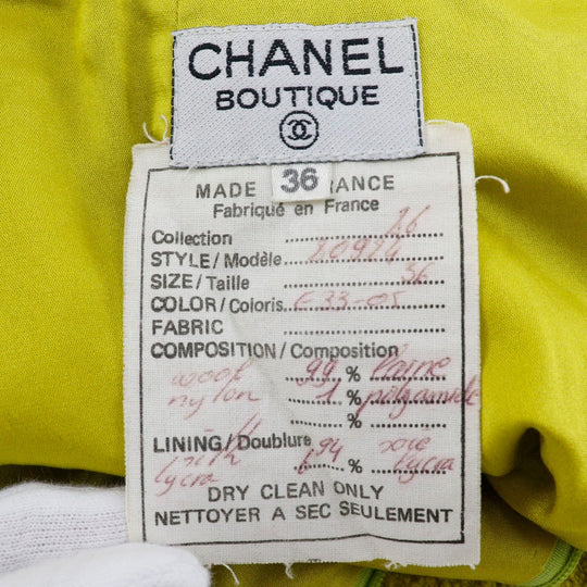 CHANEL suit wool Yellowish green COCO Mark button Jacket and flared skirt Women 36 Used Authentic