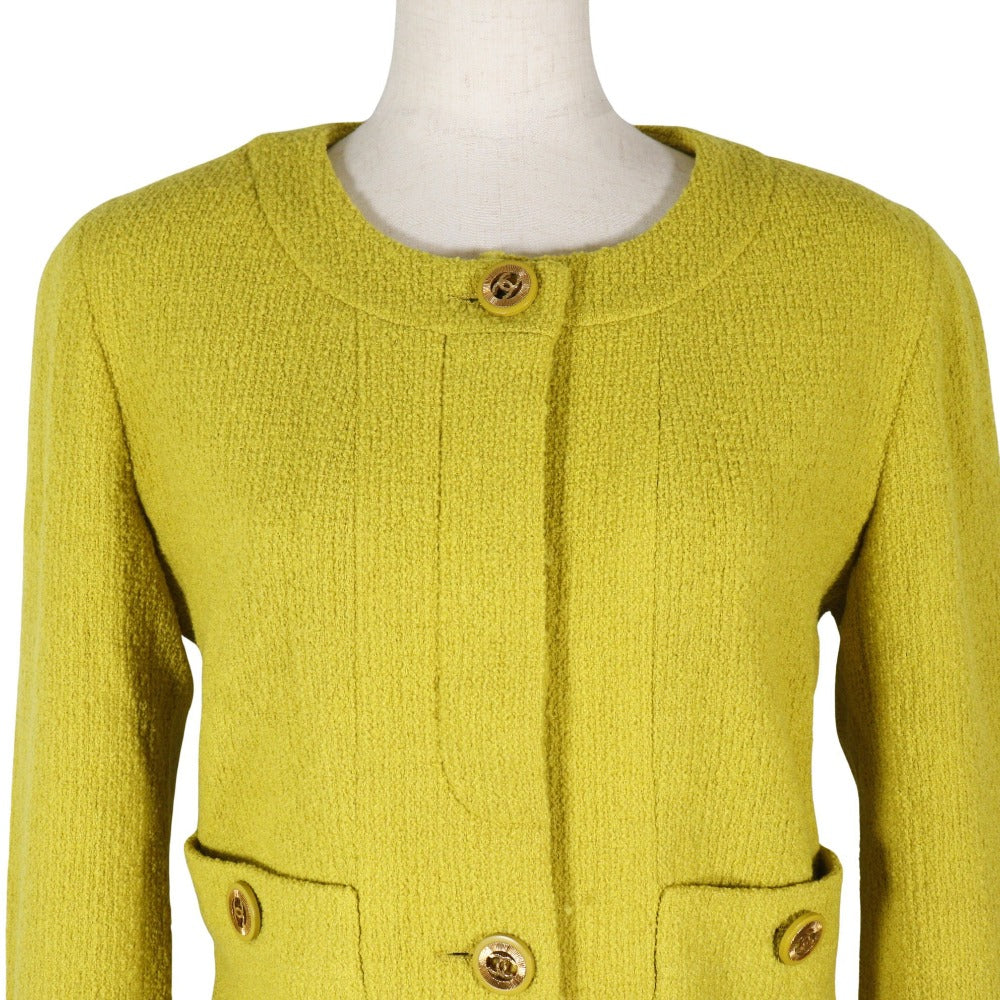 CHANEL suit wool Yellowish green COCO Mark button Jacket and flared skirt Women 36 Used Authentic