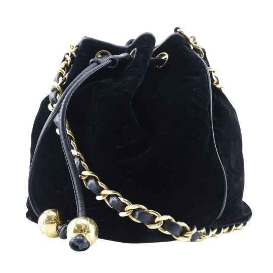 CHANEL Shoulder Bag Velour, Calfskin black COCO Mark Drawstring purse Chain Shoulder Women Used Authentic